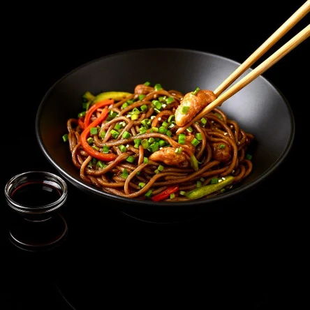 Соба с курицей в соусе сладкий чили